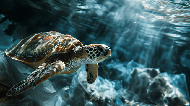 World turtle day and Ocean environmental day. Turtle with plastic in the water .Save sea plastic pollution.Climate change, Environmental CSR. copy space