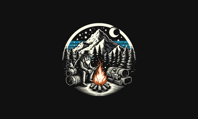 old man campfire on forest snow vector artwork design - obrazy, fototapety, plakaty