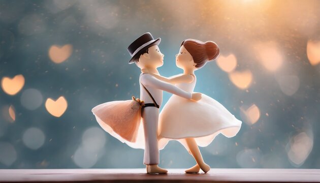 Lovers dancing, valentine's day concept empty space, heart shaped bokeh and selective focus