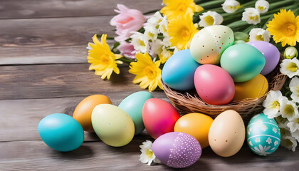 Highly detailed photo portrait of a basket of colorful easter eggs