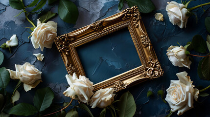 empty gold picture frame with real white roses on a dark blue background, copy space