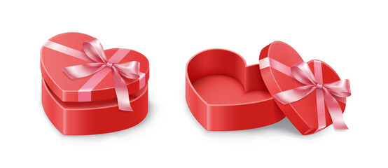 Saint Valentine day gift boxes with bows realistic vector illustration. Red present packaging tied with pink ribbons 3d models on white