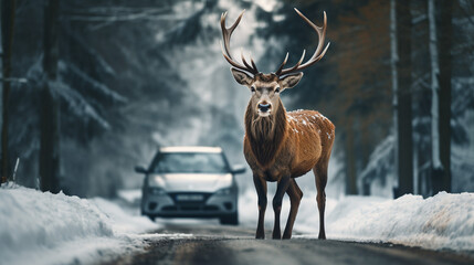beautiful noble deer with big horns crossing asphalt snowy road in front of car in winter forest