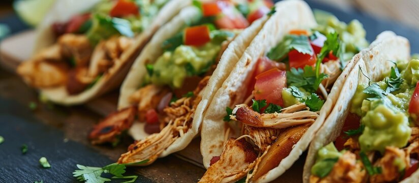Chicken tacos with guacamole, up close.