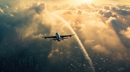 Fototapeta premium A glittering civilian aircraft flying over an urban landscape leaves a trail of condensation and an impression of freedom in the sky