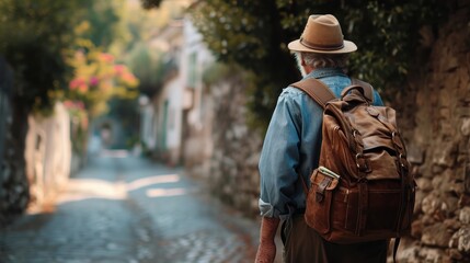 Elderly man with backpack travels and discovers new places and cultures. Happy retirement, travel, vacation, trip, healthy active lifestyle