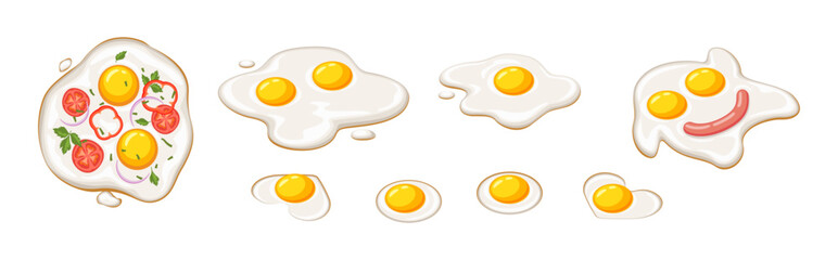 Sunny side eggs color vector icon set. Fried eggs recipes for nutrient breakfast illustrations pack isolated on white background. Cook food