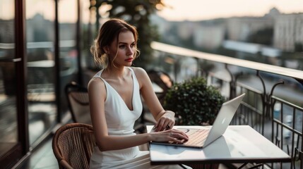 young woman in a white business dress sitting in front of a laptop on the terrace