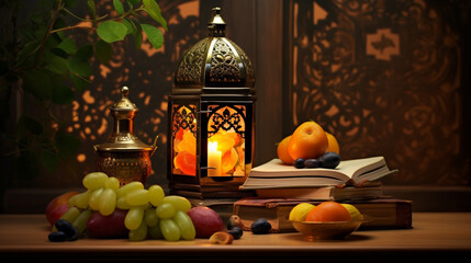 Arabic lantern and book on the table with dry fruit background