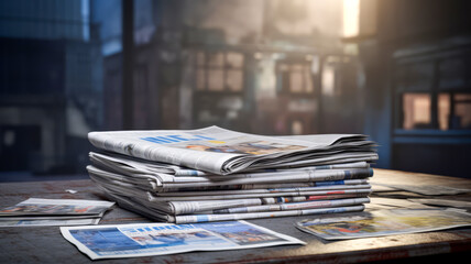 Pile of newspapers on a table with soft lighting and blurred background.