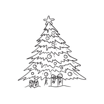 Cartoon Christmas tree with star on top and lights with presents in black isolated on white background. Hand drawn vector sketch illustration in doodle vintage engraved. Merry Christmas Happy new year