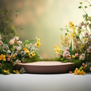 Hello spring natural green floral podium for product discount sale