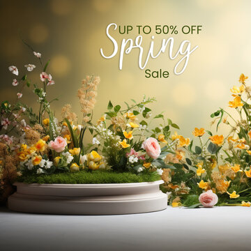 Spring green floral podium for product discount sale with text