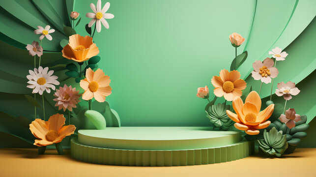 3d realistic paper style spring floral podium background