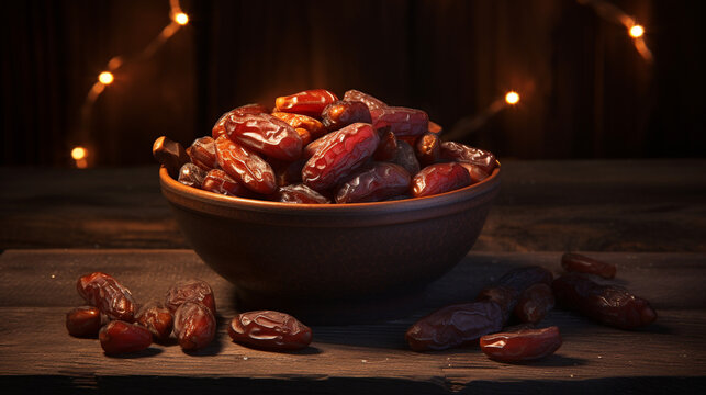 Dried dates in a bowl on a wooden table with lighting background