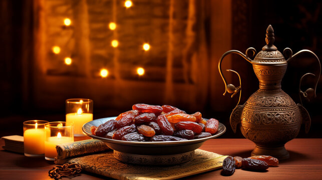 A bowl of dry dates is put on top of a table next to candles with Islamic background 
