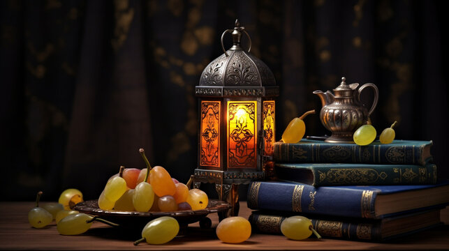 Ramadan kareem holy quran with islamic lantern and candle 