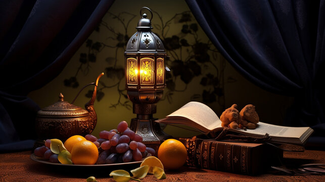 Ramadan mubarak islamic lamp and holy quran with fruits on a table