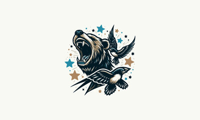 head bear roar with bird vector flat design