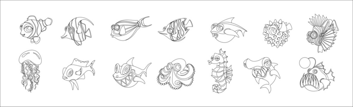Tropical sea fishes and creatures line vector illustrations big icons set. Pack of linear underwater habitats on white background. Childish cartoon design