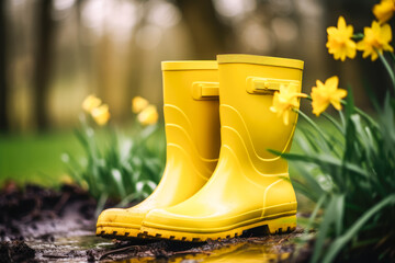 Yellow rubber boots in a garden with daffodils. - obrazy, fototapety, plakaty