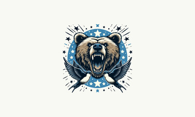 head bear roar with bird vector flat design