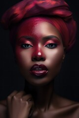 Fototapeta premium Black fashion woman model with bright burgundy make up. Black history month portrait. 