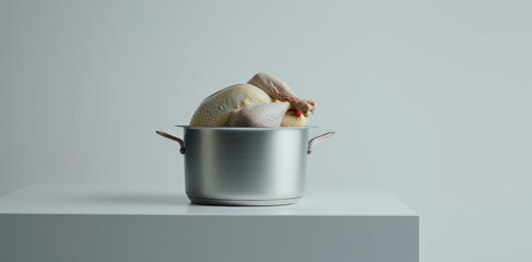 Chilled whole chicken carcass and metal pot tureen on flat white background with copy space. Minimal concept of chicken soup from farm products, fresh poultry meat. - obrazy, fototapety, plakaty