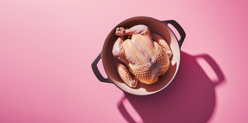 Chilled whole chicken carcass and metal pot tureen on flat pink background with copy space. Minimal concept of chicken soup from farm products, fresh poultry meat. - obrazy, fototapety, plakaty