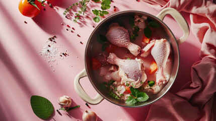 Chilled whole chicken carcass and metal pot tureen on flat pink background with copy space. Minimal concept of chicken soup from farm products, fresh poultry meat.