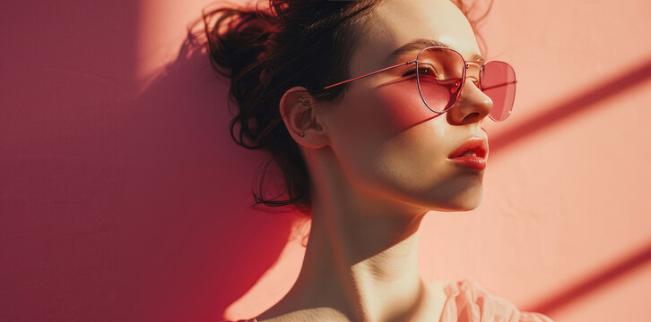 Fashion portrait of a young woman wearing pink glasses. Fashion concept, creative portrait in magazine style. Sunglasses.