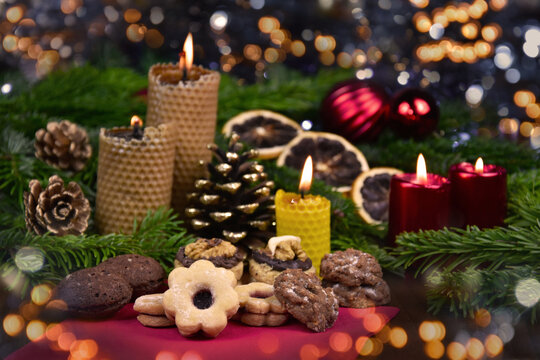 Traditional czech christmas pastry still life stock photo images. Christmas desserts and cookies on a bokeh background. Christmas decoration with cookies and candles on a festive background images