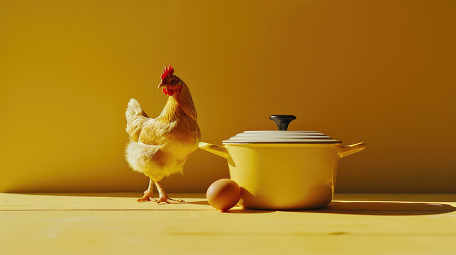 Live chicken and soup pot on flat yellow background with copy space. Chicken soup, animal and bird protection, vegans against violence.