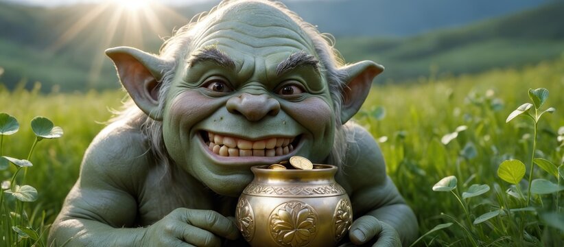 Smiling fairy Troll with a pot filled with gold on a green clover meadow