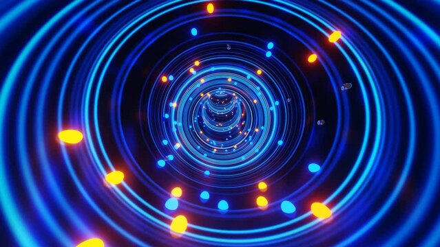 3D illustration abstract of a round-shape infinite tunnel with blue and orange sparkling lights