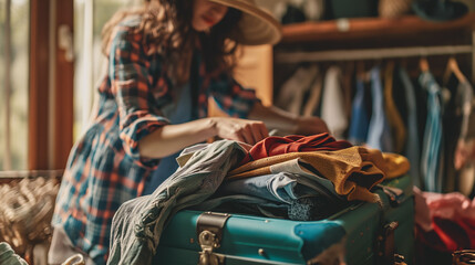 Fototapeta premium Woman preparing and folding clothes into a suitcase. Holiday and travel concept