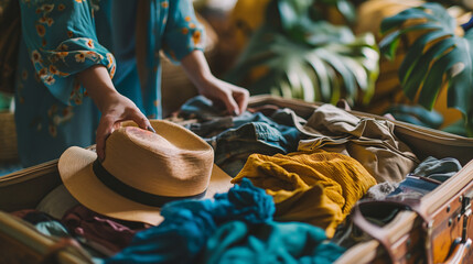 Woman preparing and folding clothes into a suitcase. Holiday and travel concept - obrazy, fototapety, plakaty