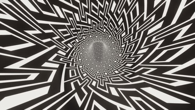 3D illustration abstract of a tube-shape hypnotic infinite black and white tunnel