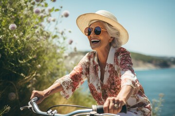 Elderly happy smiling woman in straw hat and sunglasses riding bicycle near lake on blurred nature background