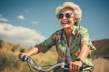 Elderly happy smiling woman in sunglasses riding bicycle near mountains on blurred nature background - obrazy, fototapety, plakaty