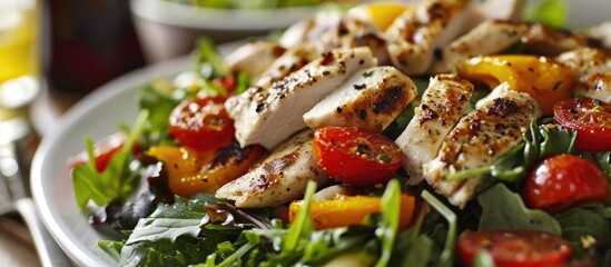 Delicious and healthy chicken salad with roasted veggies and greens. - obrazy, fototapety, plakaty