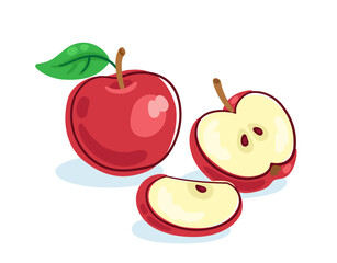 Big beautiful red apple. Whole and cut into pieces. Picture in line style. Dark outline with colored spots. Isolated on white background. Vector flat illustration.