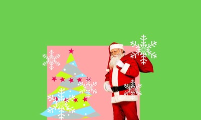 Creative collage of curious happy santa with Christmas tree