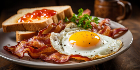 Fried bacon fried eggs with bacon salad and toast Traditional breakfast on a plate fat. AI Generative