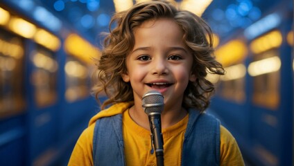 A singing boy in a yellow hoodie with long hair sings into a microphone against a blue and yellow magical background.