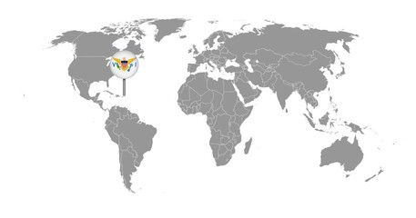 Pin map with Virgin Islands flag on world map. Vector illustration.