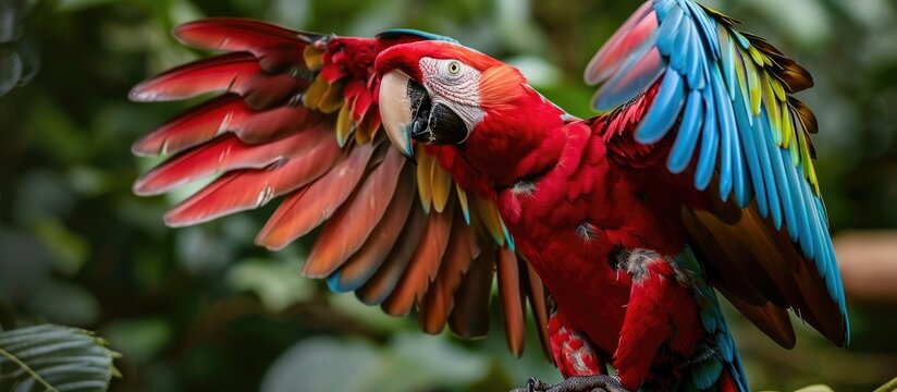 Macaw displaying open wings in red and green.