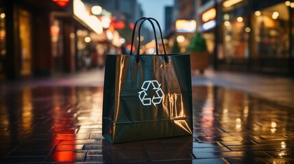 a green colored shopping bag with a recycle symbol - obrazy, fototapety, plakaty