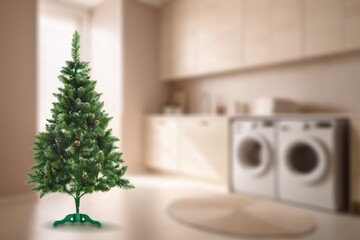 New year Christmas tree in decorated room.