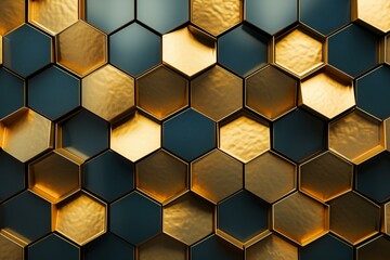 Opulent, extravagant wall with golden, polished hexagonal tiles. The blocks create a luxurious 3D render wallpaper. Generative AI - obrazy, fototapety, plakaty